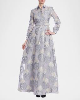Belted Floral Jacquard Shirt Gown
