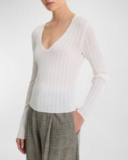 Pointelle Stitch Wool-Blend V-Neck Top