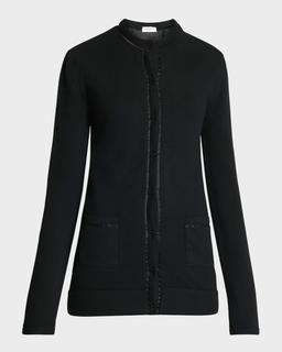 Silk-Trim Crewneck Cardigan