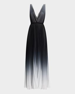 Deep V-Neck Pleated Ombre Gown