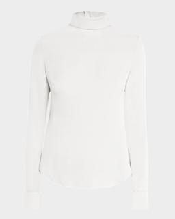 Mock-Neck Long-Sleeve Silk Blouse