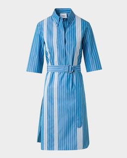 Striped Cotton Poplin Belted Short-Sleeve Shirtdress