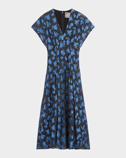 V-Neck Rode Jacquard A-Line Midi Dress