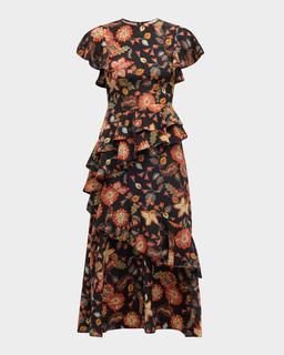 Amaia Floral-Print Ruffle Midi Dress