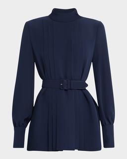 Pleated Cady Long-Sleeve Top With Belt