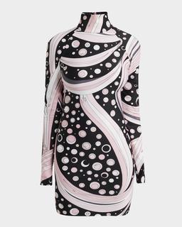 Turtleneck Long-Sleeve Printed Mini Dress