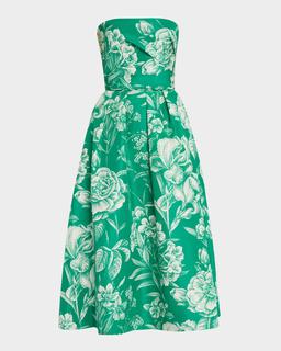 Toile-Print Strapless Tea-Length Dress