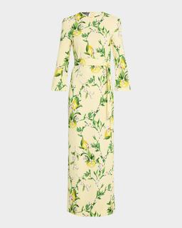 Lemon-Print Bracelet-Sleeve Sheath Maxi Dress