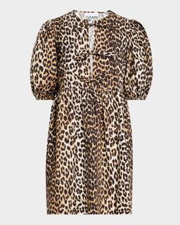 Leopard Tie-Front Puff-Sleeve Mini Dress