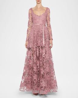 Meadow Floral Embroidered Long-Sleeve Gown