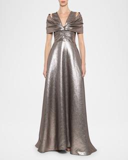 Chiara Metallic Draped-Shoulder Gown