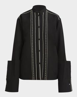 Embroidered Trim Button Down Blouse