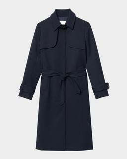 Navy Pleated-Back Belted Trench Coat