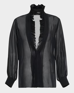 Pleated Puff Sleeve Blouse with Ruffle Trim