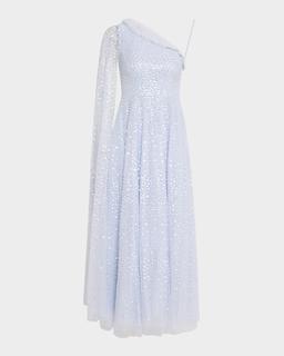 Scatter Dot One-Shoulder Sequin Ankle Gown