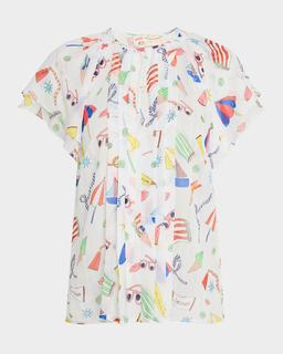 Nautical-Print Flutter Short-Sleeve Silk Blouse