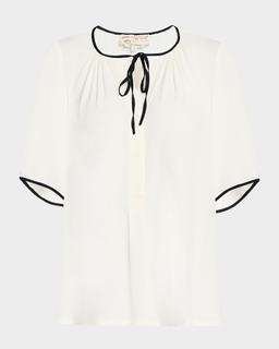 Tie-Front Short-Sleeve Silk Blouse