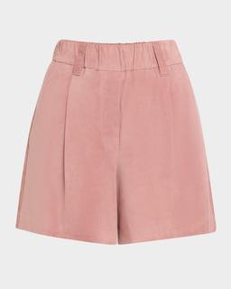 Pleated Suede Pull-On Shorts