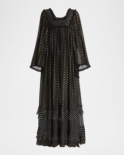 Metallic Polka-Dot Long-Sleeve Maxi Dress