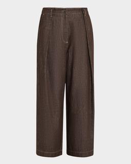 A-Line Pleated Wide Leg Cropped Denim Pants