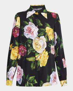 Peony Rose-Print Charmeuse Button-Down Shirt