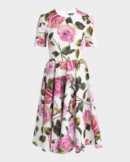 Rose-Print Short-Sleeve Fit-&-Flare Midi Dress