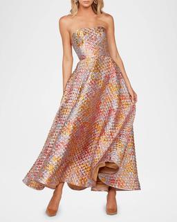 Celine Strapless Shimmer Applique Gown