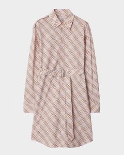Check Belted Long-Sleeve Mini Shirtdress