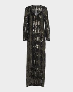 Sequin Nautical Striped Long-Sleeve Maxi Tunic Dress