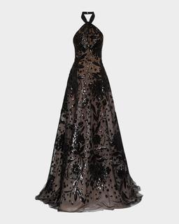 Floral Sequin Tulle Halter Gown