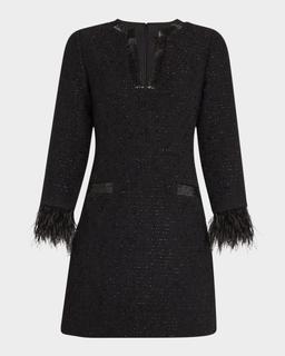 Feather-Cuff Boucle Jacquard Mini Dress