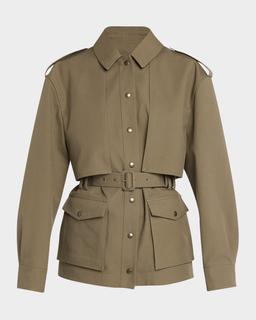 Belted Long-Sleeve Button-Down Jacket