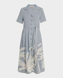 Claudia Palm-Embroidered Belted Midi Dress