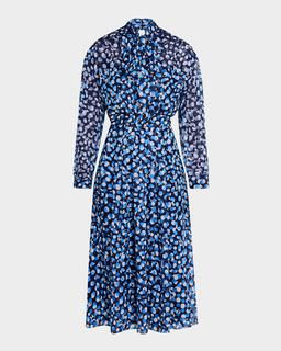 Tie-Neck Polka Dot Chiffon Midi Dress