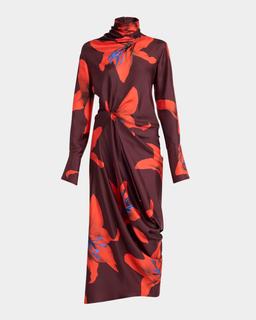 Turtleneck Floral Twisted Long-Sleeve Midi Dress