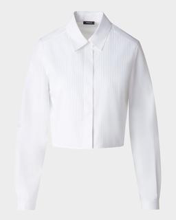 Pleated Cotton Voile Crop Button-Down Blouse