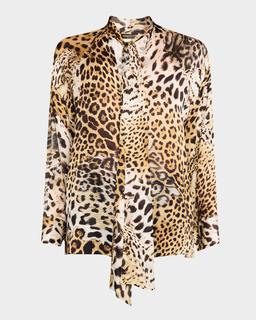 Jaguar-Print Silk Neck-Tie Blouse