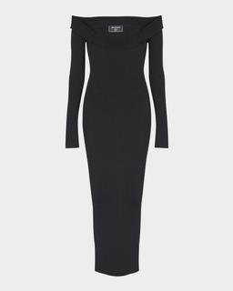 Double Collar Knit Off-The-Shoulder Zipped Midi Dress