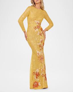 Shalom Sequin Floral Applique Column Gown