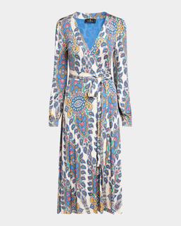 Blue Medallion Jersey Midi Wrap Dress