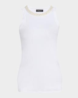 Crewneck Sequin-Trim Rib Knit Jersey Tank