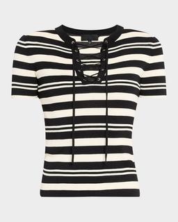 Oaklynn Stripe Lace-Up Silk T-Shirt