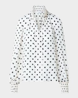 Smocked Polka Dot Silk Crepe De Chine Blouse