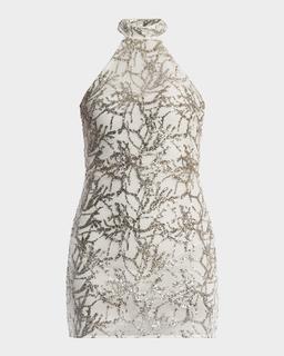 Sequin-Embellished Halter Mini Dress