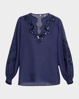 Soraya Sequin Embroidered Linen Blouse