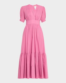 Edorine Ruched Puff-Sleeve Cotton Midi Dress