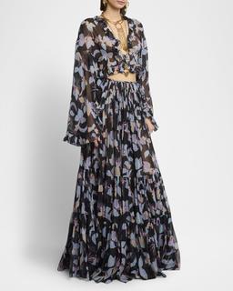 Floral Silk Ruffle Long-Sleeve Crop Top