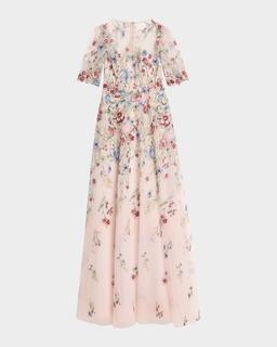 Floral-Embroidered Illusion Tulle Gown