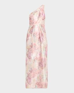 Pleated One-Shoulder Metallic Jacquard Gown