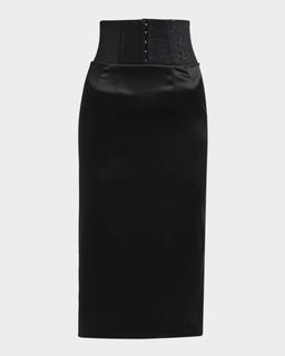Corset-Waist Stretch Satin Midi Skirt